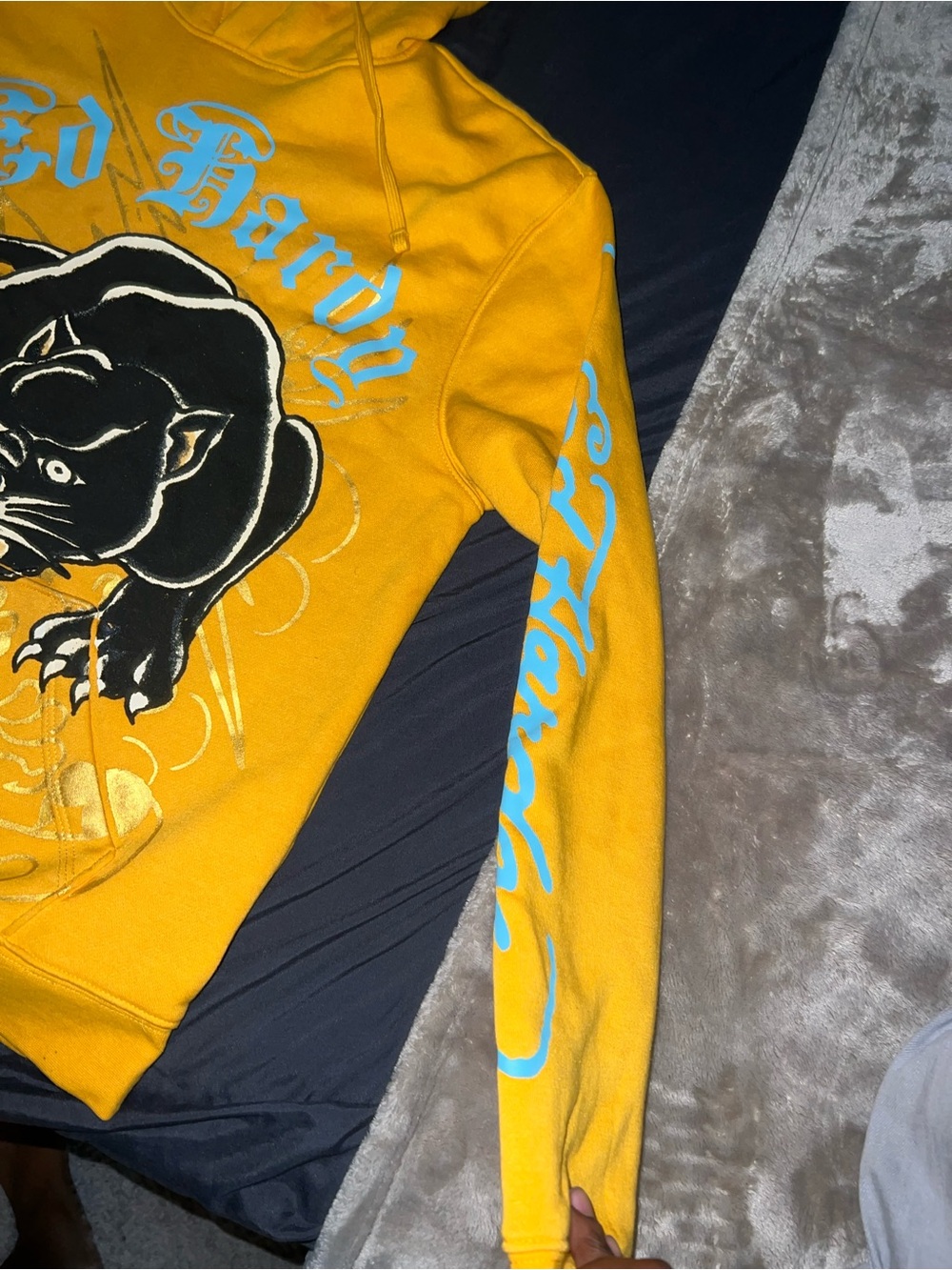 Ed Hardy Yellow Hoodie with Blue Script & Black Panther Graphic